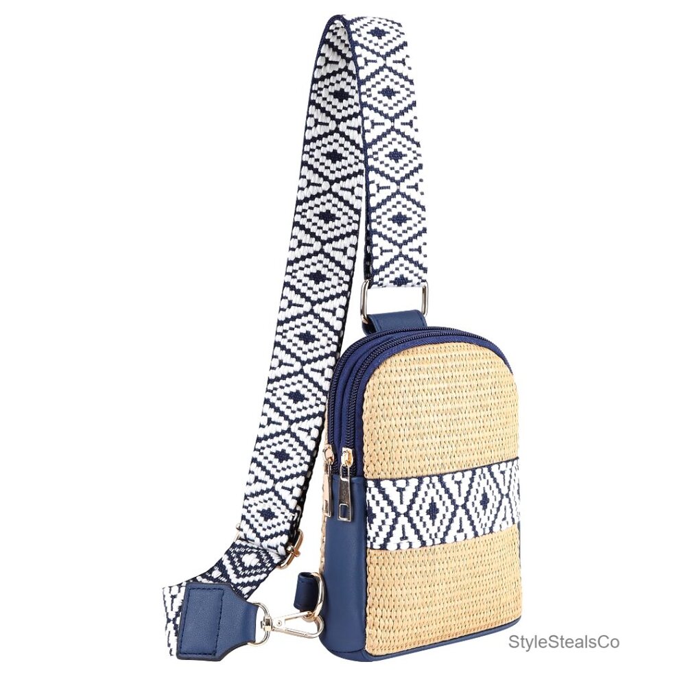 Small Straw Crossbody Bag with Zipper, Beach Sling Purse